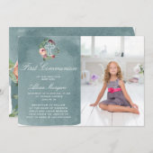 Ocean Blue Marsala Bloemen Eerste Communie Kaart (Voorkant / Achterkant)