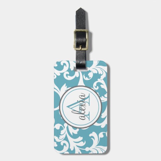 Ocean Blue Monogrammed Damask Print Bagagelabel (Voorkant verticaal)
