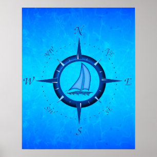 Ocean Blue Sailboat and Compass Roos Poster