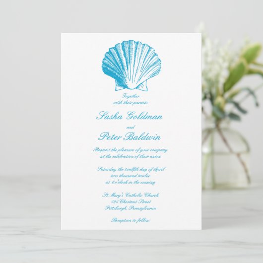 Ocean Blue Sea Shells Faire-part de mariage (Debout devant)