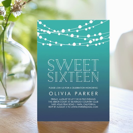 Ocean Blue String Lights Sweet sixteen Invitation