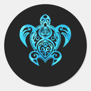 Ocean Blue Tribal Hawaiian Zee Turtle Ronde Sticker