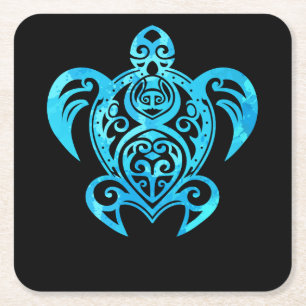 Ocean Blue Tribal Hawaiian Zee Turtle Vierkante Kartonnen Onderzetter