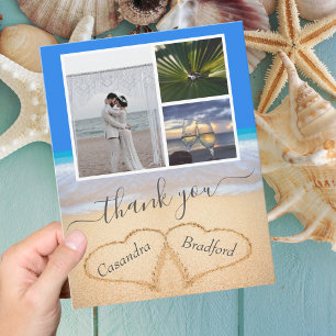 Ocean Blue Tropical Beach Hearts in Sand Wedding Bedankkaart