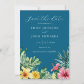 Ocean Blue Tropical Flowers Fotobruiloft Save The Date (Voorkant)