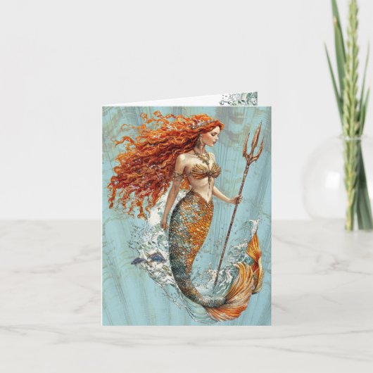 Ocean Blue Vintage Mermaid Folded Note Card (Devant)