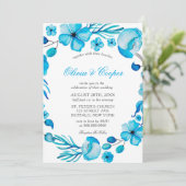 Ocean Blue Waterverf Floral Wedding Invitation Kaart (Staand voorkant)
