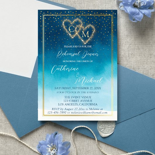 Ocean Blue Waterverf golven met monogram bruiloft Kaart
