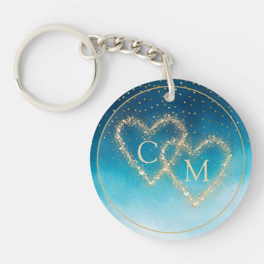 Ocean Blue Waterverf golven met monogram bruiloft Sleutelhanger (Voorkant)