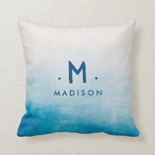 Ocean Blue Waterverven Familienaam Monogram Throw Kussen