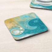 Ocean Blue Waves en Sandy Brown Fluid Art Bier Onderzetter (Linkerzijde)