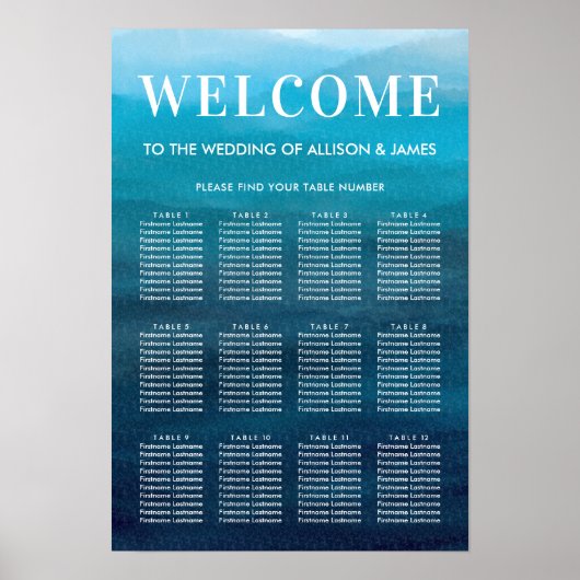 Ocean Blue Waves Waterverf Wedding Seding Chart Poster (Voorkant)