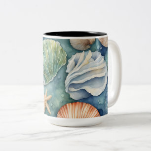 Ocean Breeze Watercolor: Schelpen en Zeesterren Tweekleurige Koffiemok