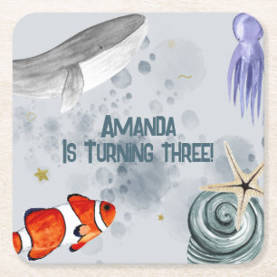 Ocean Creatures Kids Verjaardagsfeestje Blauw Vierkante Kartonnen Onderzetter