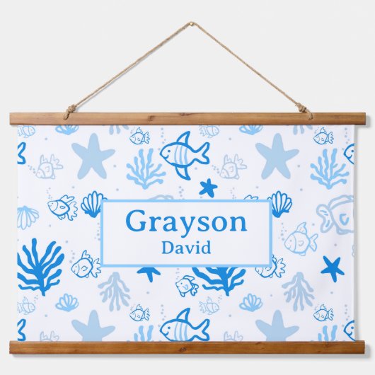 Ocean Fish Custom Naam Kwekerij Jongens Room Art Hangend Wandkleed (Voorkant)