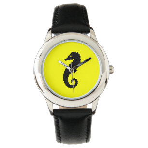 Ocean Glow_Black-on-Yellow Seahorse Horloge