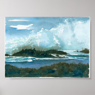 Ocean Hawaii Oahu Waves Splash Waterverf Art Poster