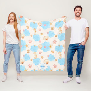 Ocean-Inspired Paw Print Patroon met zeepaardjes 2 Fleece Deken