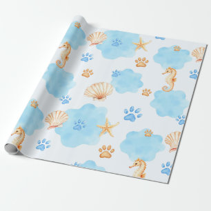 Ocean-Inspired Paw Print Patroon met zeepaardjes Cadeaupapier