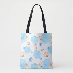 Ocean-Inspired Paw Print Patroon met zeepaardjes Draagtas