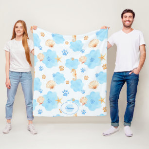 Ocean-Inspired Paw Print Patroon met zeepaardjes Fleece Deken