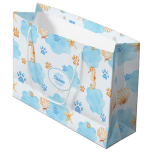 Ocean-Inspired Paw Print Patroon met zeepaardjes Groot Cadeauzakje
