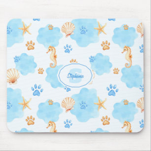 Ocean-Inspired Paw Print Patroon met zeepaardjes Muismat
