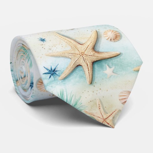 Ocean-Inspired Starfish & Seashells Beach Theme Stropdas (Opgerold)