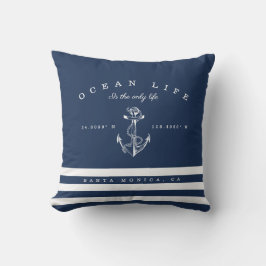 Ocean Life Nautical Navy & White Stripe Anchor Buitenkussen