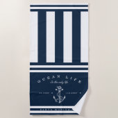 Ocean Life Nautical Navy & White Stripe Anchor Strandlaken (Voorkant)