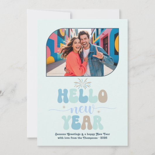 Ocean Mist Hello New Year Blue Retro Photo Feestdagenkaart (Voorkant)