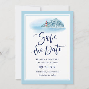 Ocean Mountain Lighthouse Blue Waterverf Wedding Save The Date