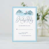 Ocean Mountain Lighthouse Light Blue Wedding RSVP Kaartje (Staand voorkant)