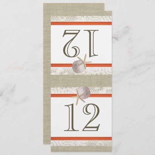 Ocean Romance Burlap et Lace Coral Numéro de table (Devant / Derrière)