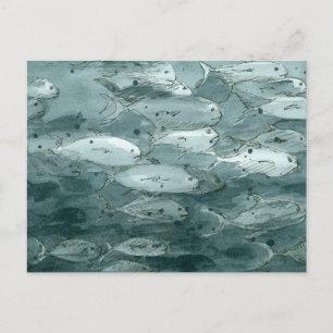Ocean School of Fish Black White Waterverf Briefkaart