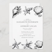 Ocean Seashell Modern Minimal Black White Wedding Kaart (Voorkant / Achterkant)