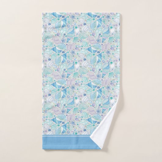  Ocean Seashell Patroon met Naam Blauw Bad Handdoek (Handdoek)