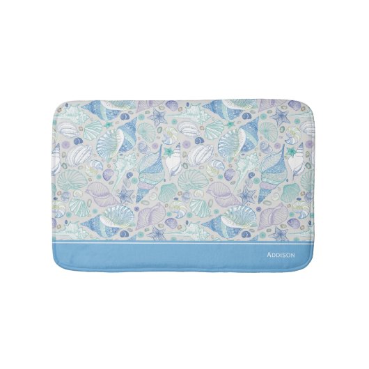Ocean Seashell Patroon met Naam Blauw Badmat (Voorkant)