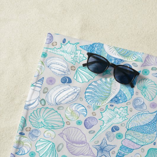 Ocean Seashell Patroon met Naam Blauw Strandlaken (In situ)