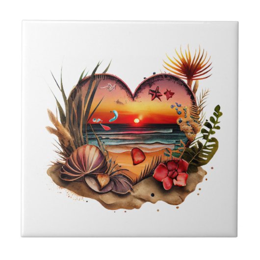 Ocean Seashells Beach Sunset Kitchen Bathroom Cer Tegeltje (Voorkant)