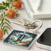 Ocean Seashore Lighthouse Zeilboot Monogram I Sleutelhanger (Voorkant Rechts)