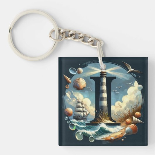 Ocean Seashore Lighthouse Zeilboot Monogram I Sleutelhanger (Voorkant)