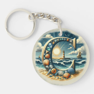 Ocean Seashore Vuurtoren Zeilboot Monogram C Sleutelhanger