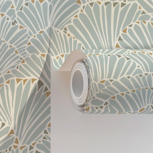 Ocean Shell Fan Art Deco in Zacht Blauw & Goud Behang