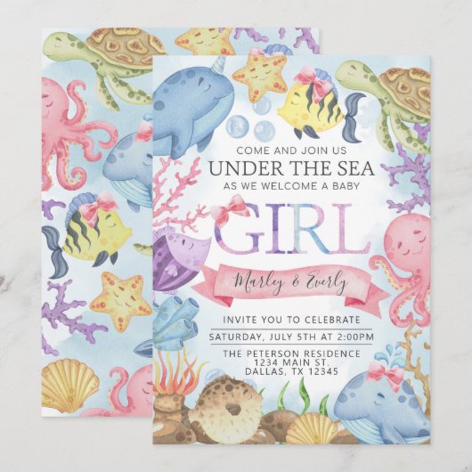 Océan sous la mer Baby shower fille Invitation (Devant / Derrière)