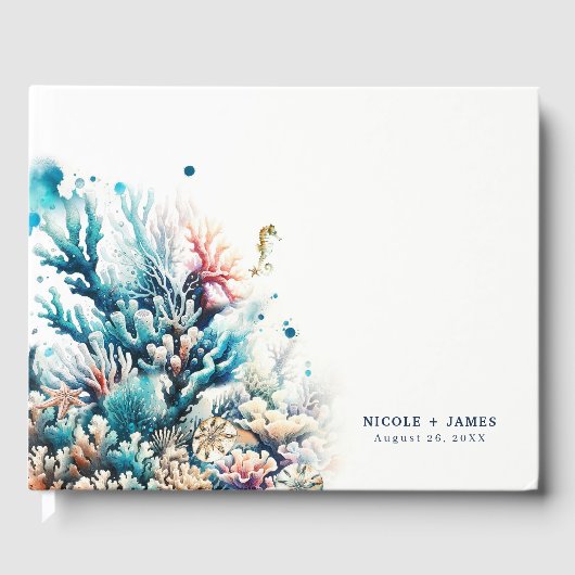 Ocean Splash Zee Koraal Waterverf Strand Bruiloft Gastenboek (Voorkant)