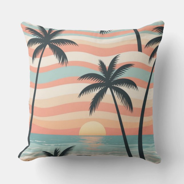 Ocean Stripes & Palms – Tropical Calm Throw Pillow Kussen (Voorkant)