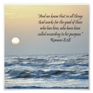 Ocean Sunrise Romans 8:28 de Druk van de Manuscrip Foto Afdruk