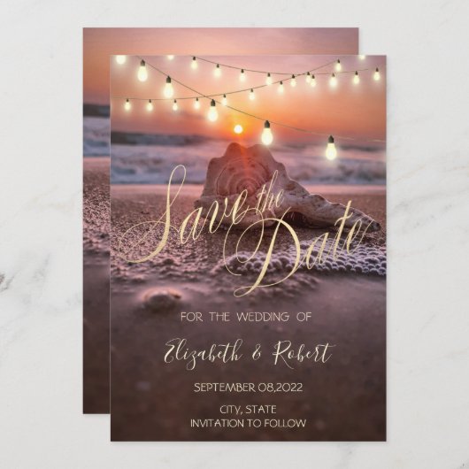 Ocean Sunset Beach Seashell, licht sparen de datum Save The Date (Voorkant / Achterkant)