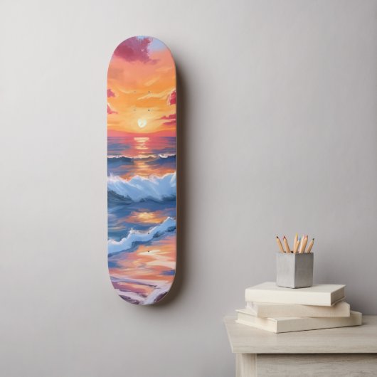 Ocean Sunset Beach Waves Watercolor Skateboard (Muurkunst)
